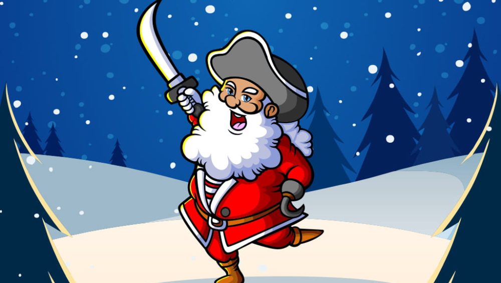 A cartoon santa claus holding a sword in the snow.